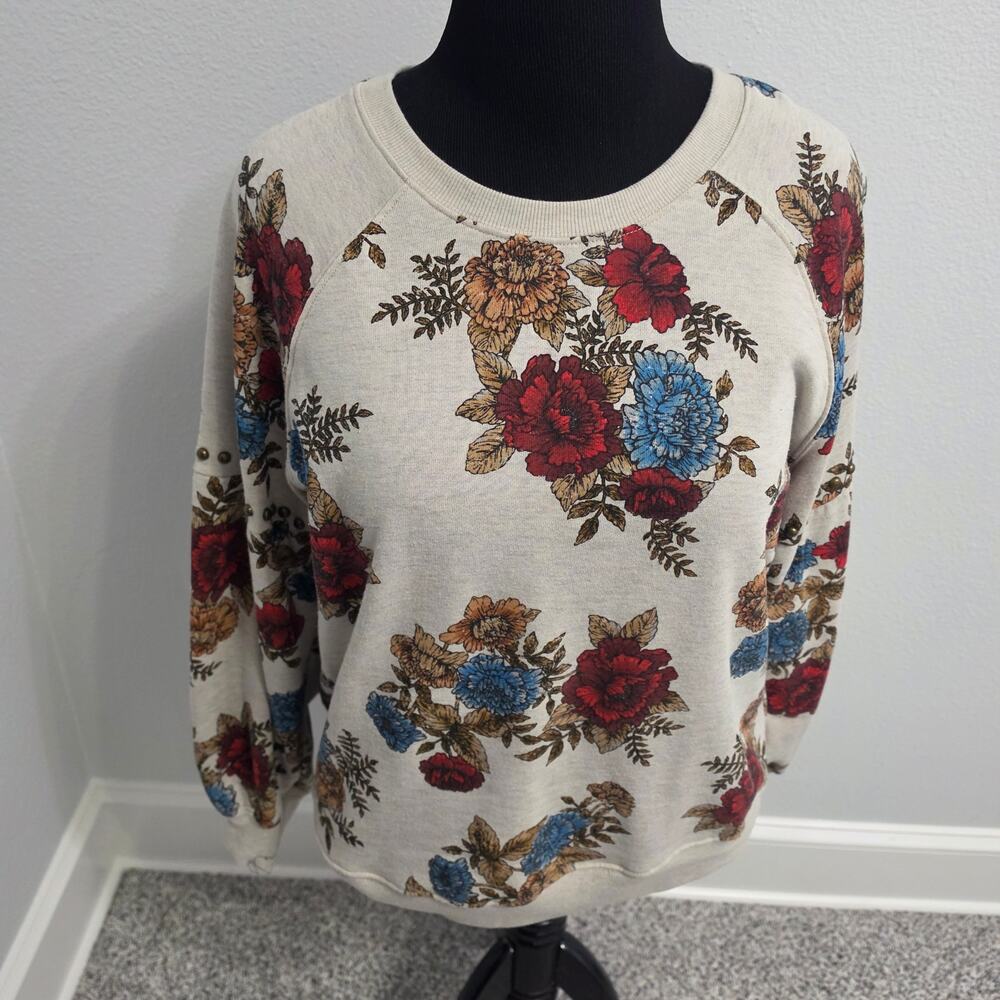 Democracy Floral Sweatshirt Womens XL Beige Studded Sleeve Pullover Top